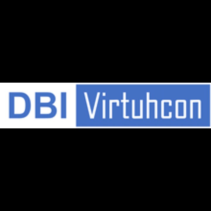 Logo DBI Virtuhcon składające się z napisu DBI napisanego niebieskimi literami na białym tle oraz białego napisu Virtuhcon na niebieskim tle. DBI Virtuhcon logo consisting of the word DBI in blue letters on a white background and the word Virtuhcon in white on a blue background.